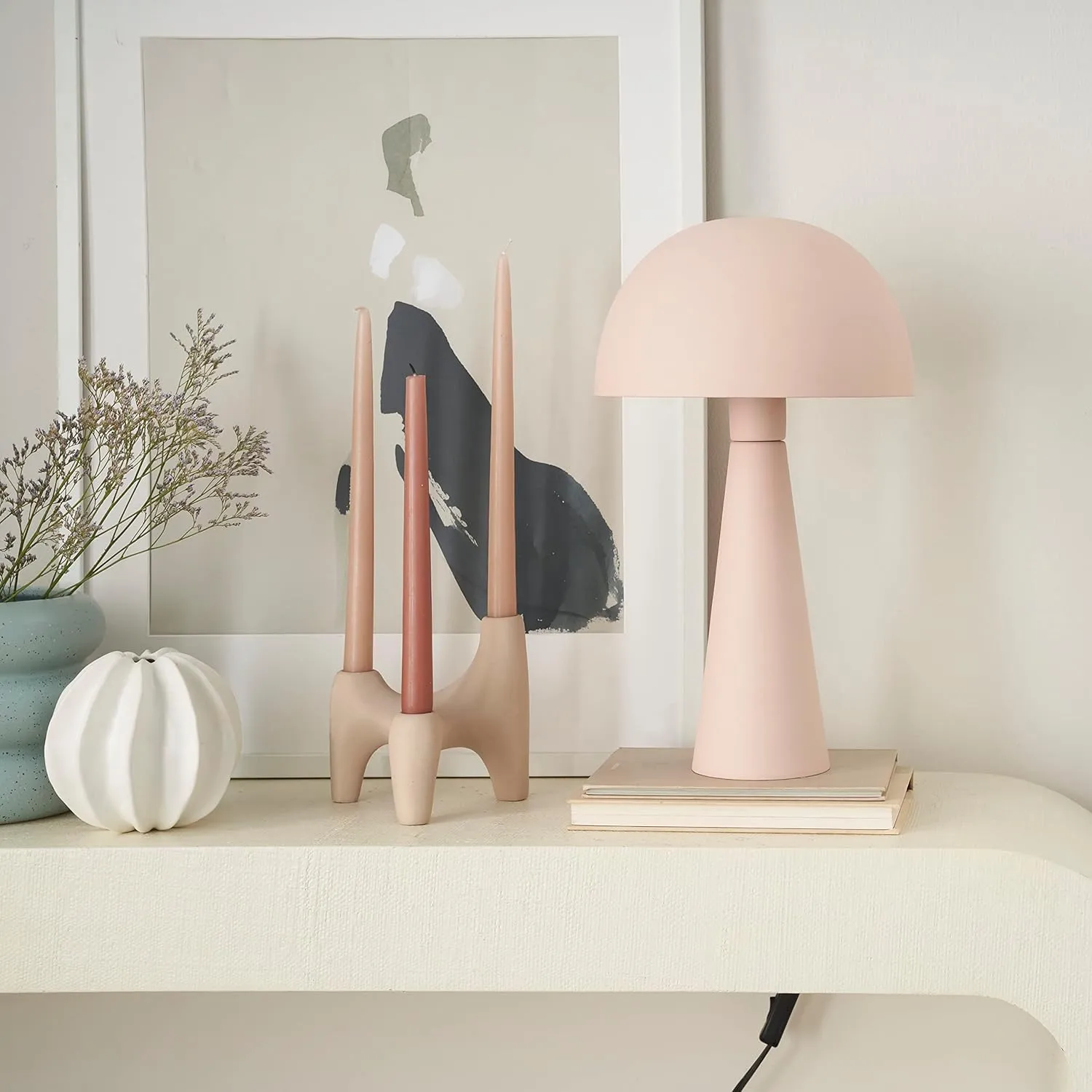 Nourison EPT01 16" Metal Mushroom Table Modern, Retro, Desk, Bedside, Living Room, Office Lamp, Small, Blush Pink