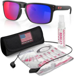 Oakley OO9102 HOLBROOK Square Sunglasses for Men - High Bridge Fit - USA Flag Cleaning Kit and Leash - PREMIUM BUNDLE
