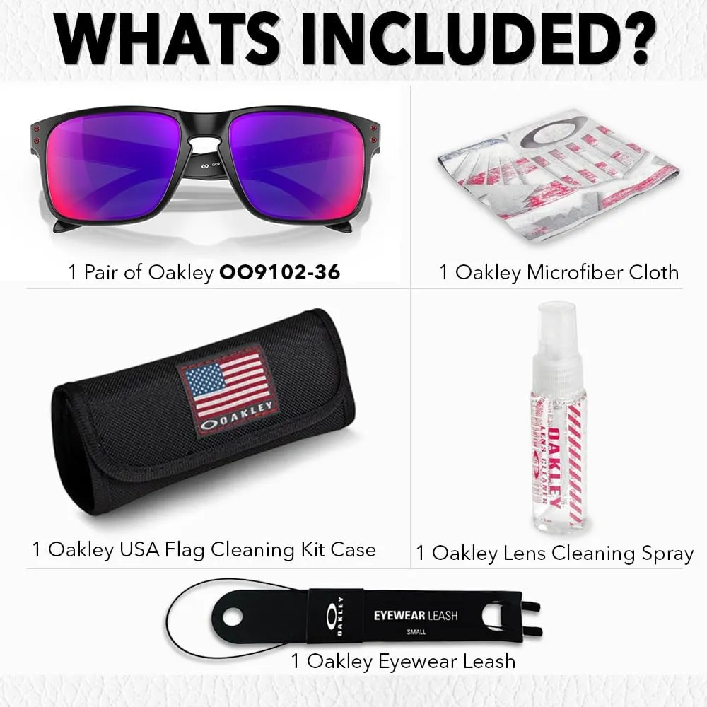 Oakley OO9102 HOLBROOK Square Sunglasses for Men - High Bridge Fit - USA Flag Cleaning Kit and Leash - PREMIUM BUNDLE