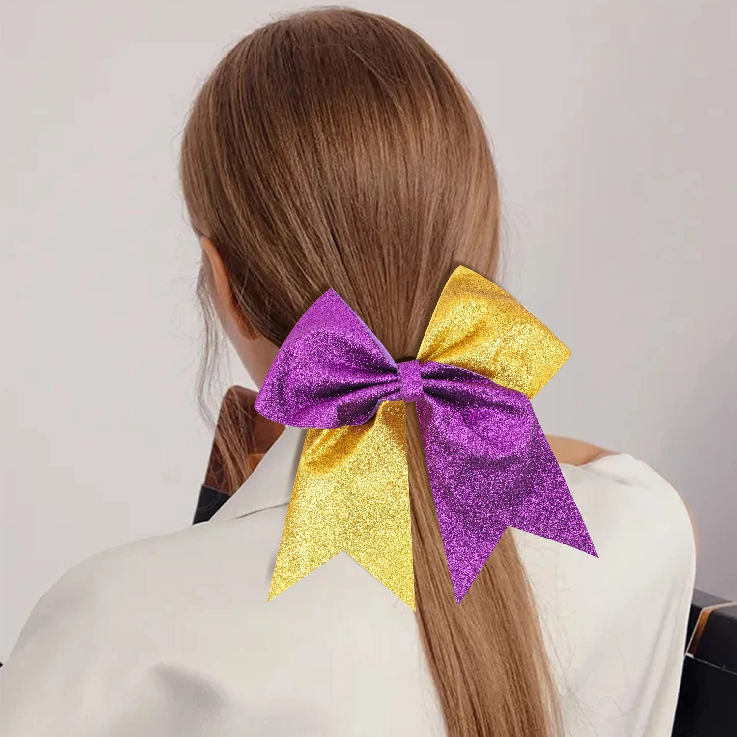 OAOLEER 12 Count 7" Hair Bows - 12PCS 7" Glitter Cheer Hair Bows for Girls - Premium Quality Sequin Hair Ties with Elastic Band for Cheerleading Team Sports, Purple and Gold