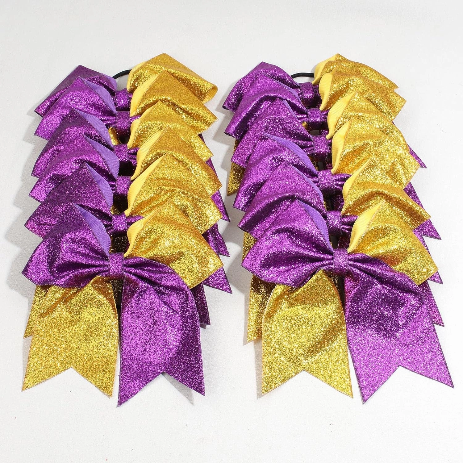 OAOLEER 12 Count 7" Hair Bows - 12PCS 7" Glitter Cheer Hair Bows for Girls - Premium Quality Sequin Hair Ties with Elastic Band for Cheerleading Team Sports, Purple and Gold