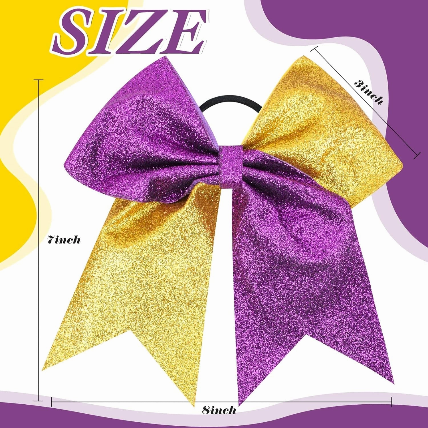 OAOLEER 12 Count 7" Hair Bows - 12PCS 7" Glitter Cheer Hair Bows for Girls - Premium Quality Sequin Hair Ties with Elastic Band for Cheerleading Team Sports, Purple and Gold