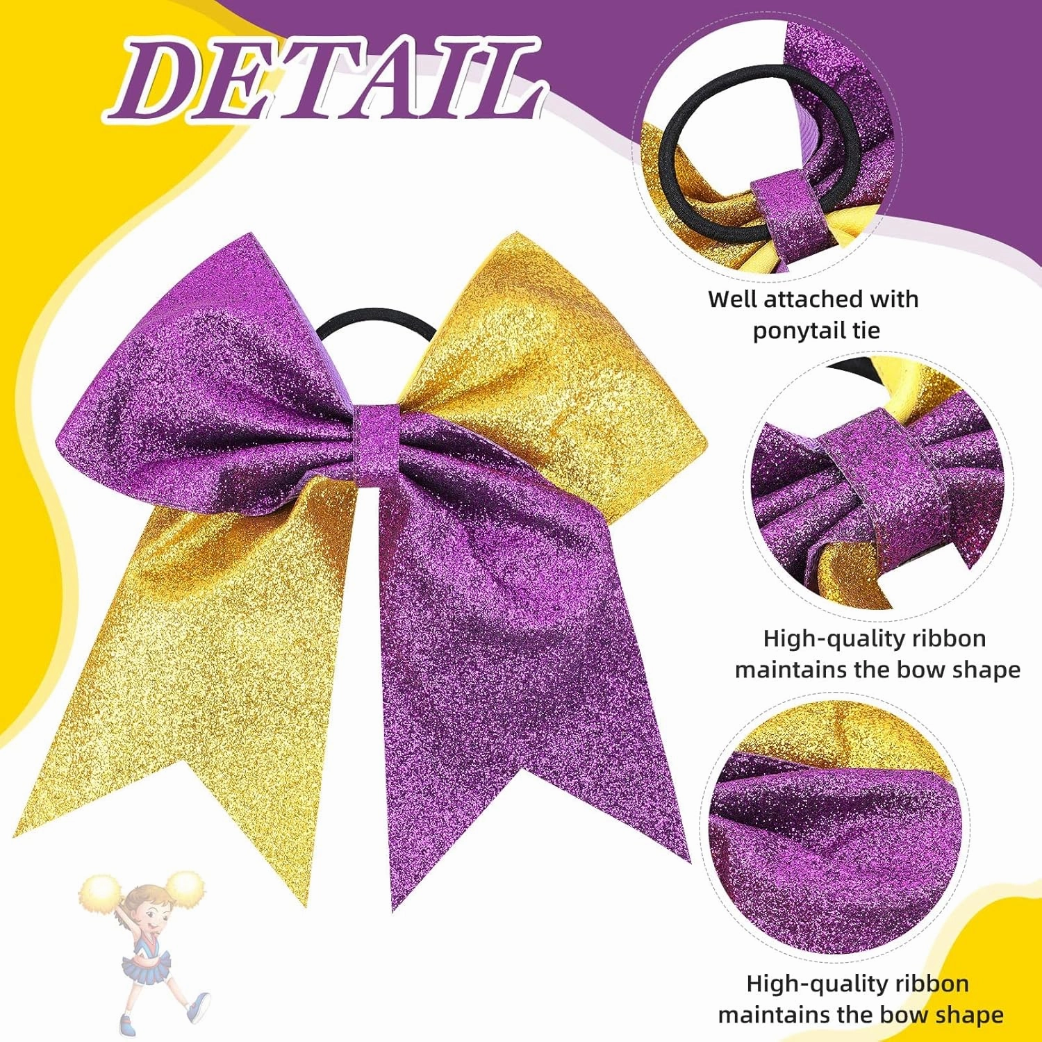 OAOLEER 12 Count 7" Hair Bows - 12PCS 7" Glitter Cheer Hair Bows for Girls - Premium Quality Sequin Hair Ties with Elastic Band for Cheerleading Team Sports, Purple and Gold