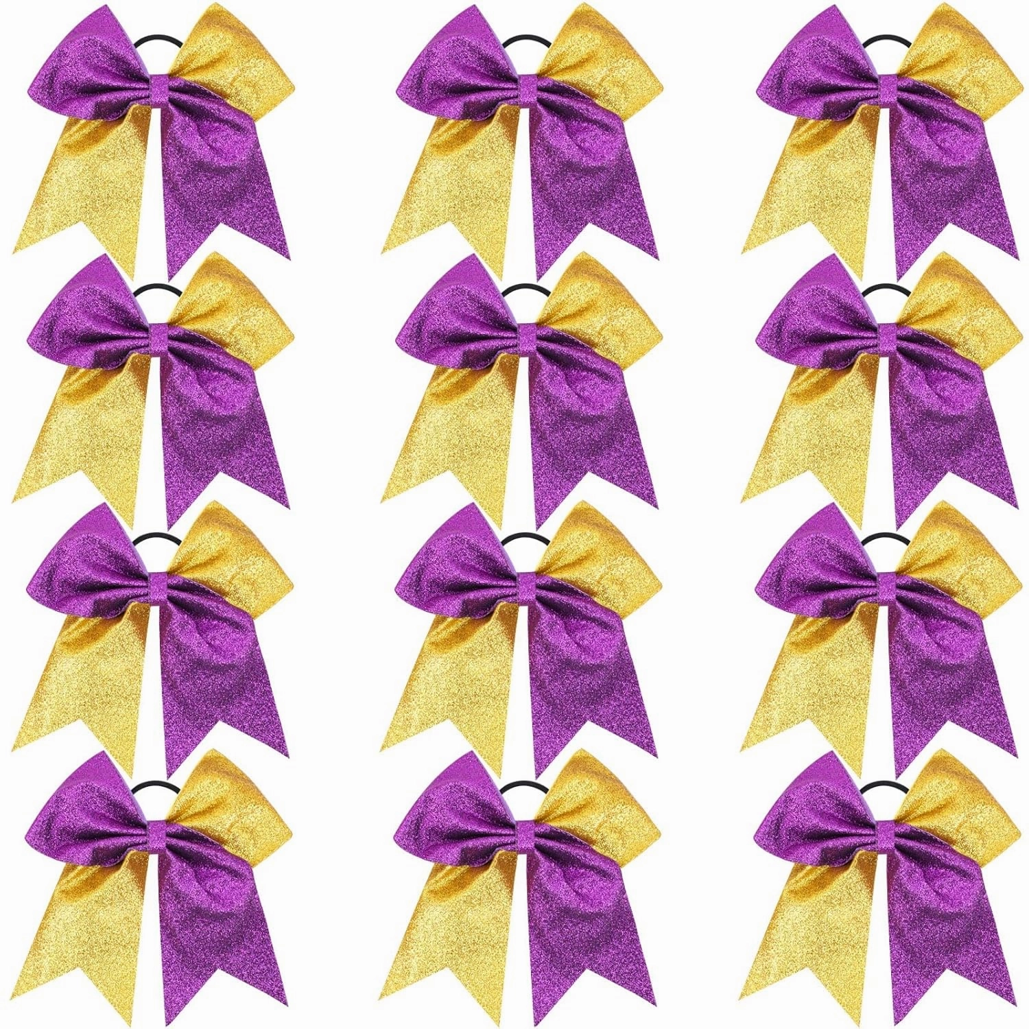 OAOLEER 12 Count 7" Hair Bows - 12PCS 7" Glitter Cheer Hair Bows for Girls - Premium Quality Sequin Hair Ties with Elastic Band for Cheerleading Team Sports, Purple and Gold