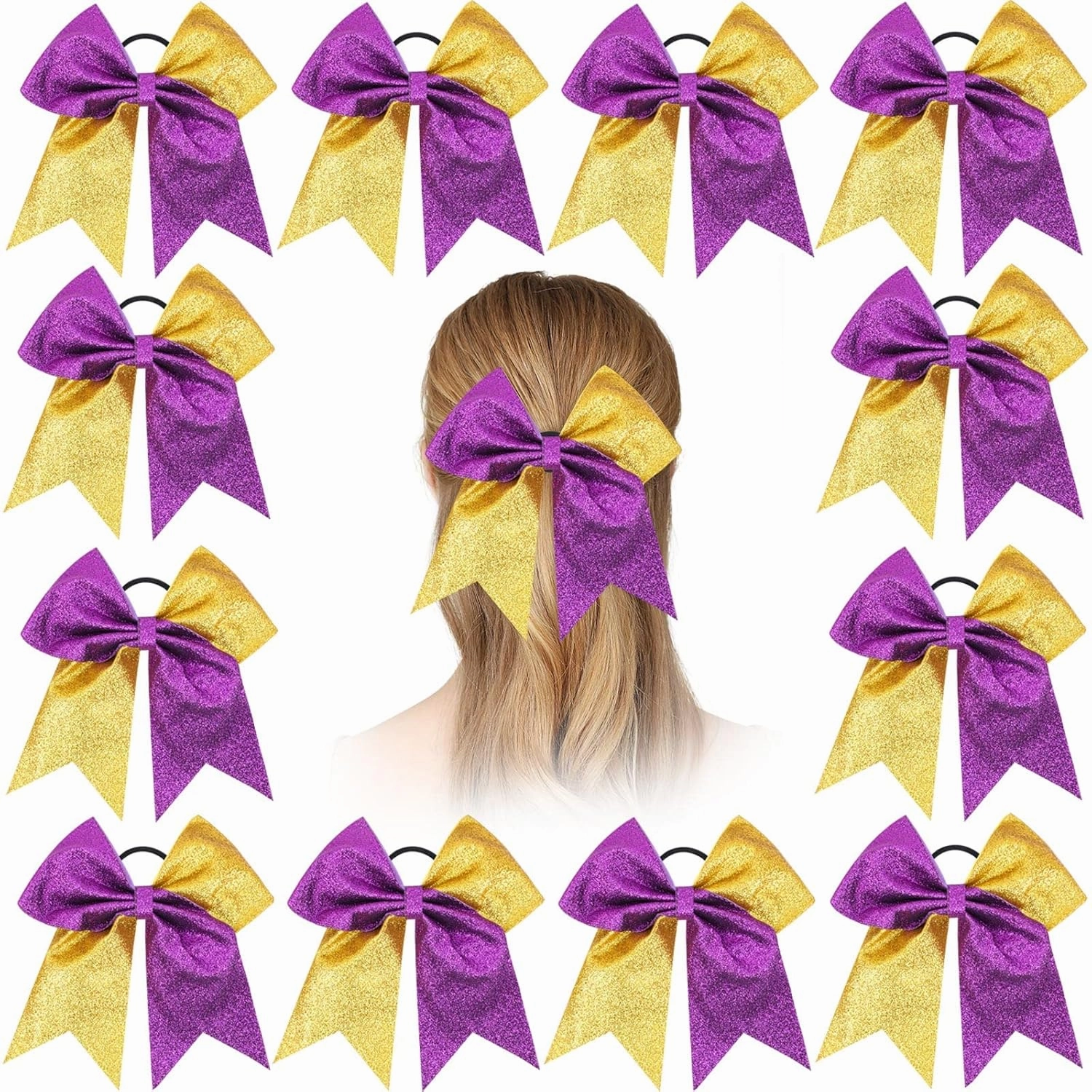 OAOLEER 12 Count 7" Hair Bows - 12PCS 7" Glitter Cheer Hair Bows for Girls - Premium Quality Sequin Hair Ties with Elastic Band for Cheerleading Team Sports, Purple and Gold