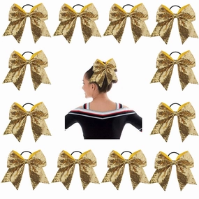 Oaoleer 12PCS 7'''' Large Glitter Cheer Hair Bows Ponytail Holder Elastic Band Handmade for Cheerleading Teen Girls College Sports (Gold),Kid