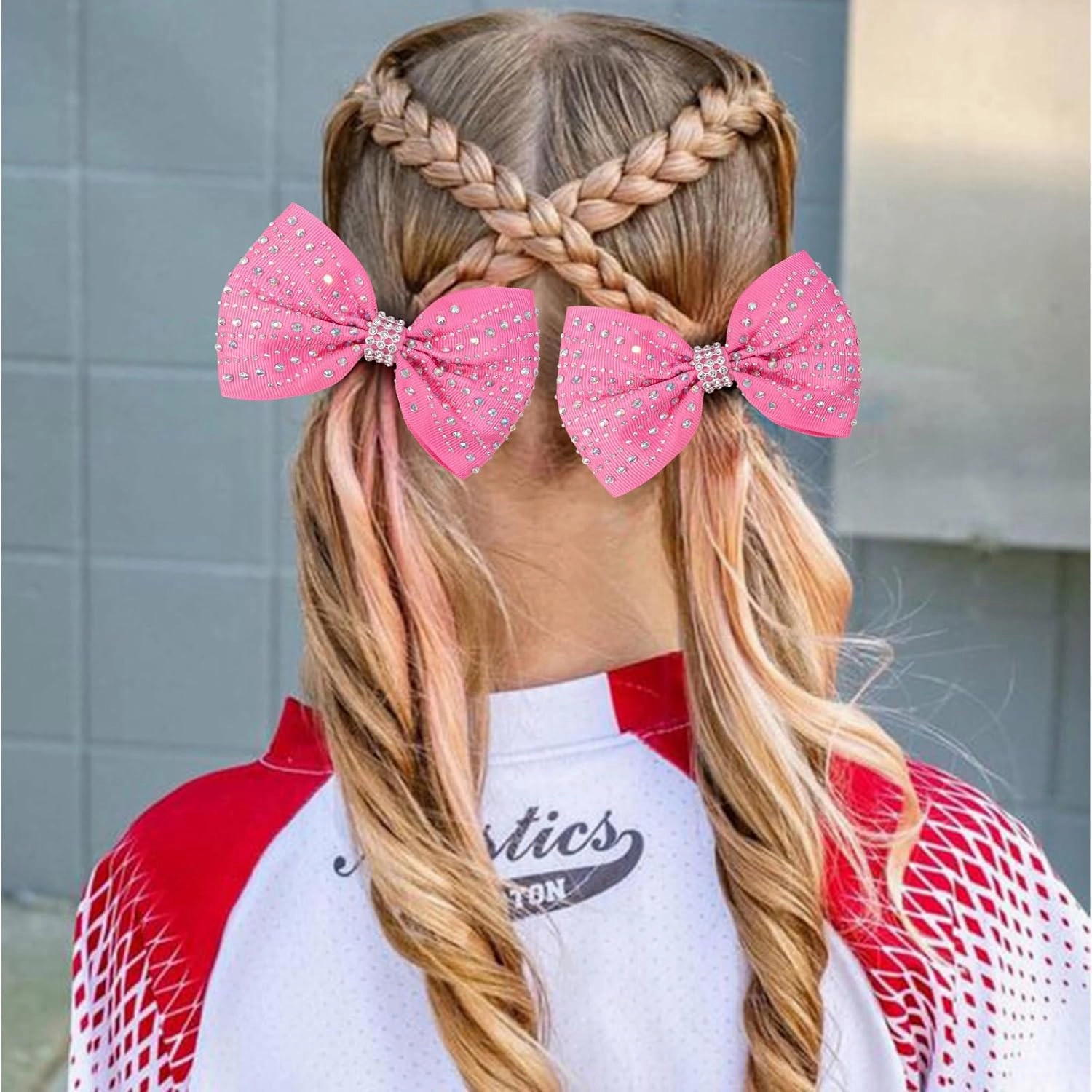 OAOLEER 12PCS Glitter Cheer Hair Bows for Cheerleading, Cheer Bow with Ponytail Holder for Teen Girls Cheerleader (Pink)