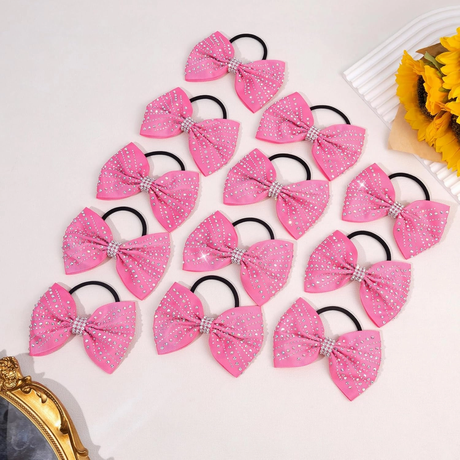 OAOLEER 12PCS Glitter Cheer Hair Bows for Cheerleading, Cheer Bow with Ponytail Holder for Teen Girls Cheerleader (Pink)