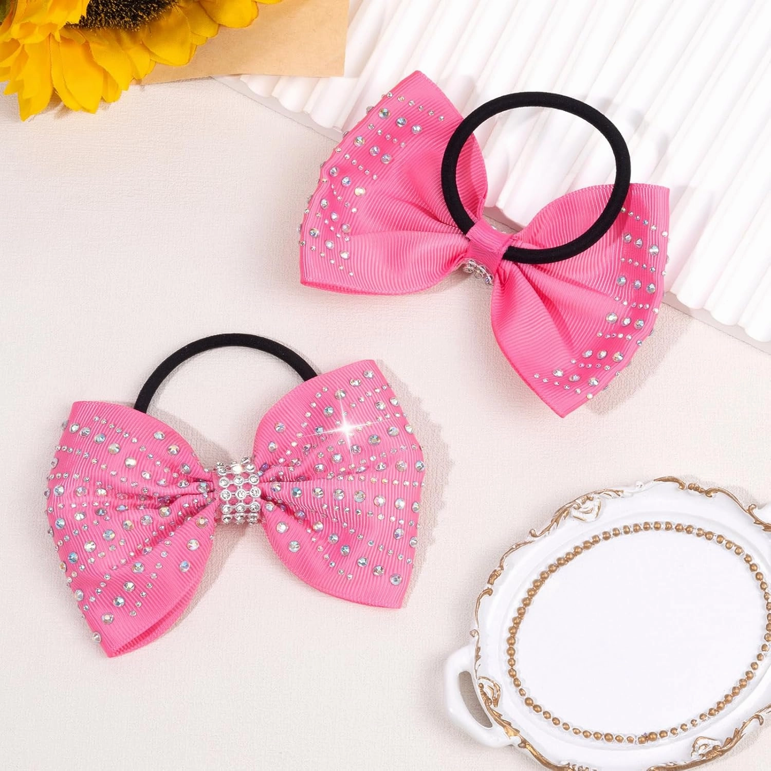 OAOLEER 12PCS Glitter Cheer Hair Bows for Cheerleading, Cheer Bow with Ponytail Holder for Teen Girls Cheerleader (Pink)