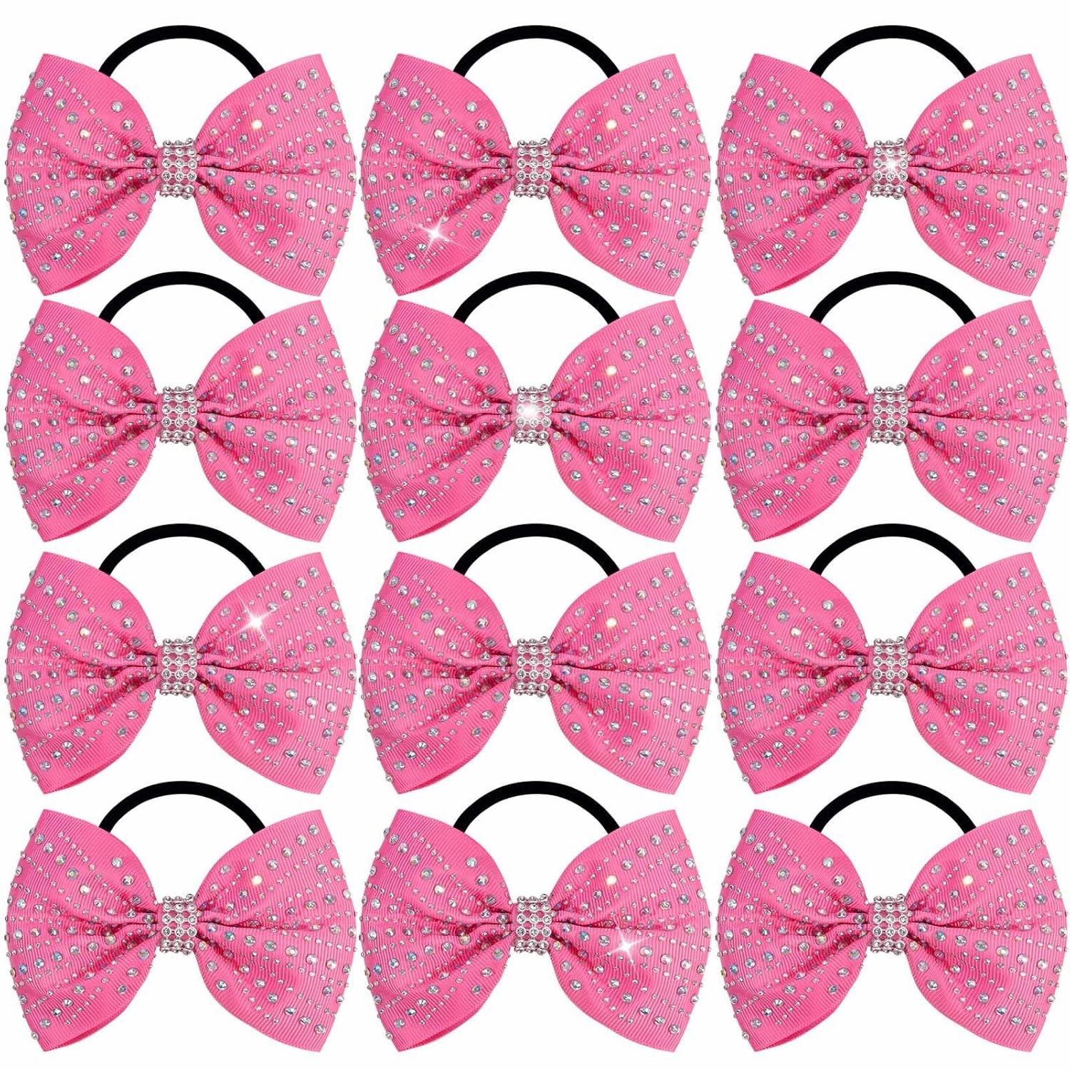 OAOLEER 12PCS Glitter Cheer Hair Bows for Cheerleading, Cheer Bow with Ponytail Holder for Teen Girls Cheerleader (Pink)