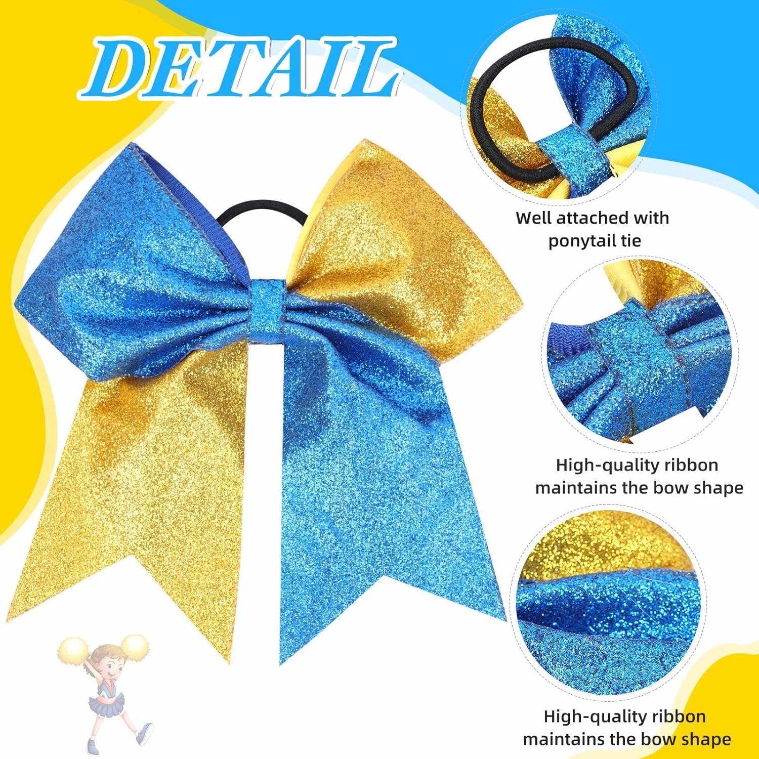 Oaoleer Glitter Hair Bows for Girls - Large Sparkly Ponytail Holders with Elastic Band for Cheerleading and Team Sports, Blue and Gold (12PCS, 7")