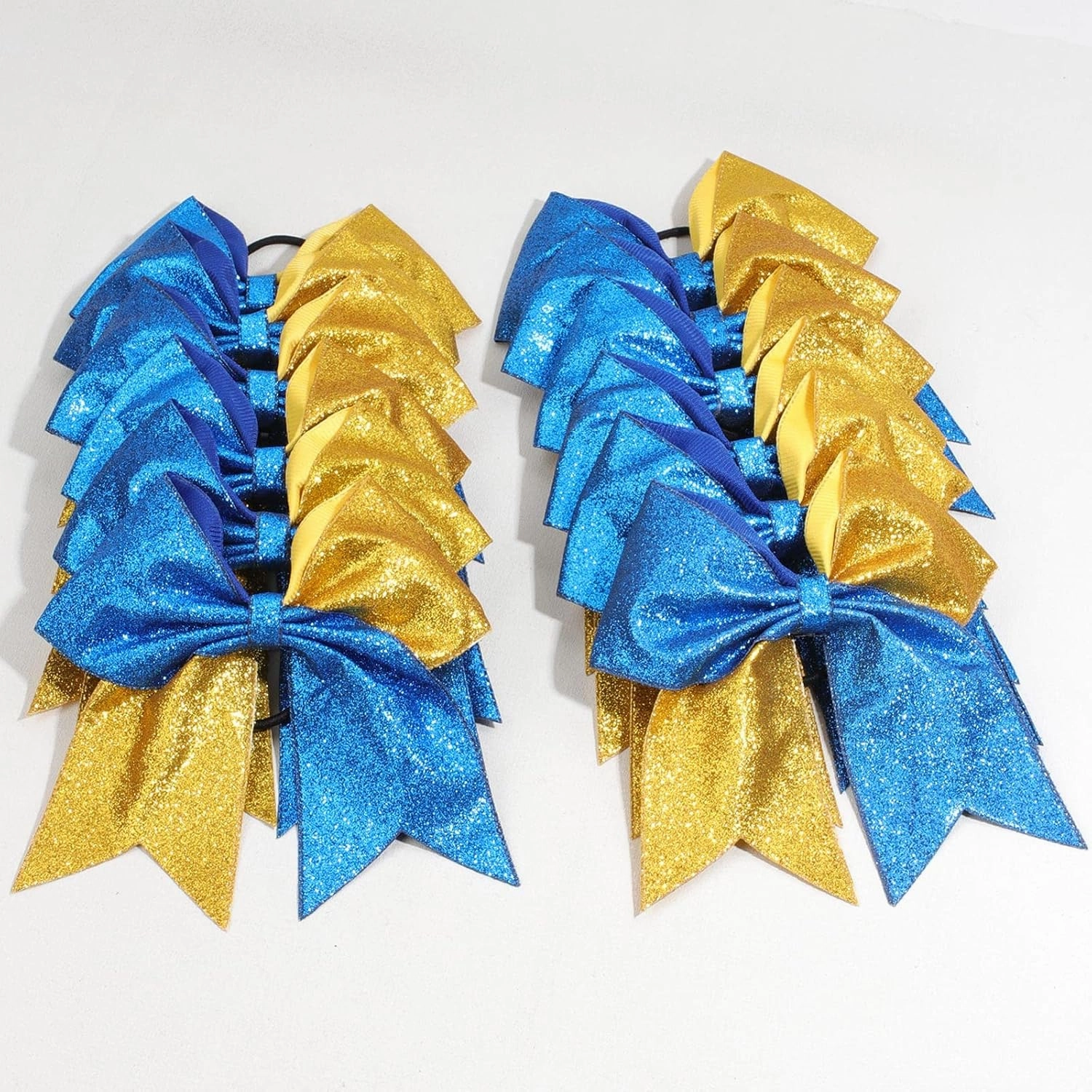Oaoleer Glitter Hair Bows for Girls - Large Sparkly Ponytail Holders with Elastic Band for Cheerleading and Team Sports, Blue and Gold (12PCS, 7")