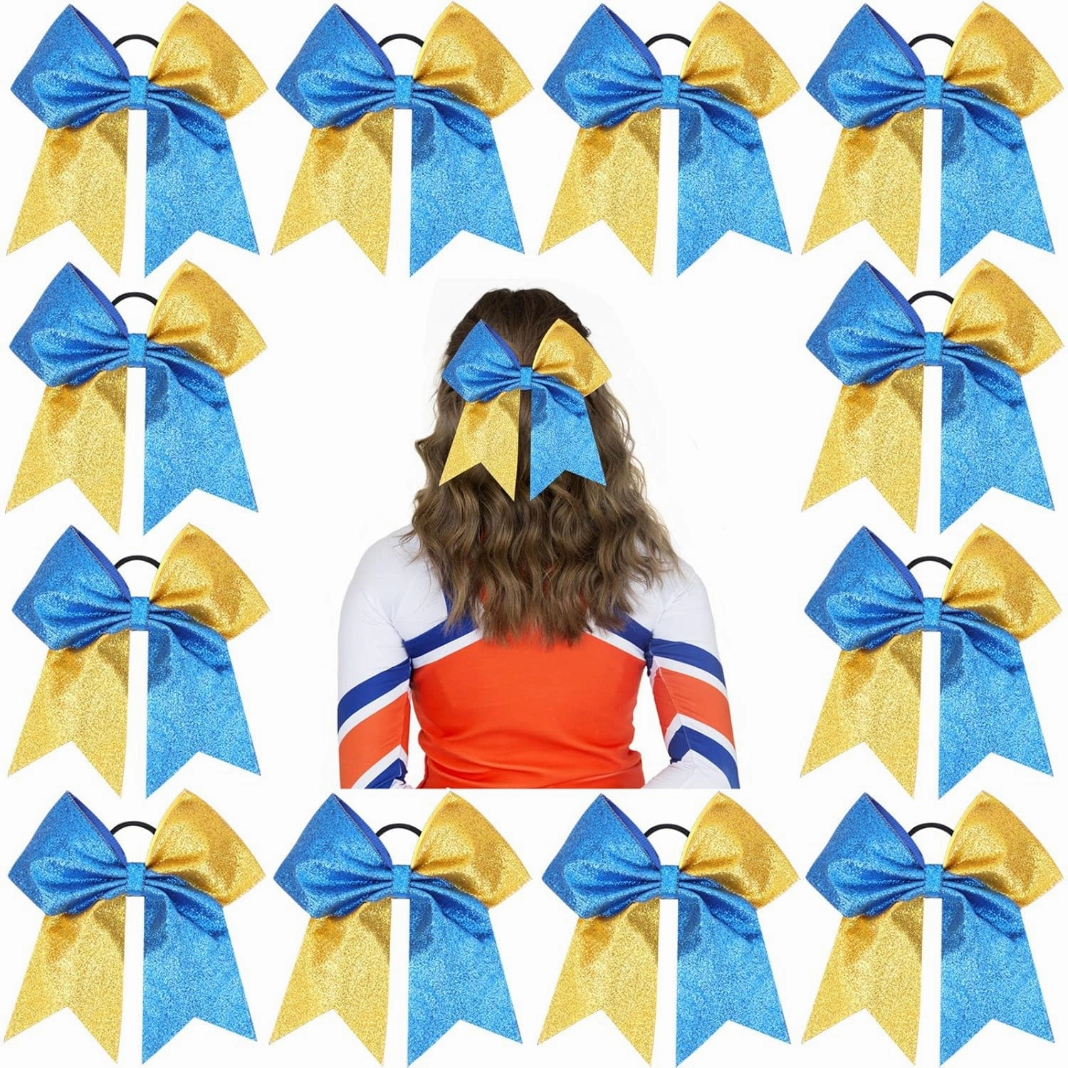 Oaoleer Glitter Hair Bows for Girls - Large Sparkly Ponytail Holders with Elastic Band for Cheerleading and Team Sports, Blue and Gold (12PCS, 7")