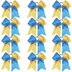 Oaoleer Glitter Hair Bows for Girls - Large Sparkly Ponytail Holders with Elastic Band for Cheerleading and Team Sports, Blue and Gold (12PCS, 7")