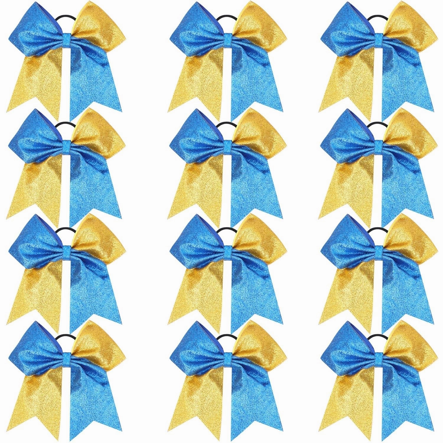 Oaoleer Glitter Hair Bows for Girls - Large Sparkly Ponytail Holders with Elastic Band for Cheerleading and Team Sports, Blue and Gold (12PCS, 7")