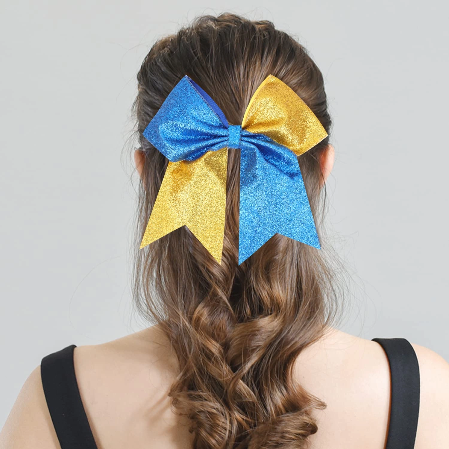 Oaoleer Glitter Hair Bows for Girls - Large Sparkly Ponytail Holders with Elastic Band for Cheerleading and Team Sports, Blue and Gold (12PCS, 7")