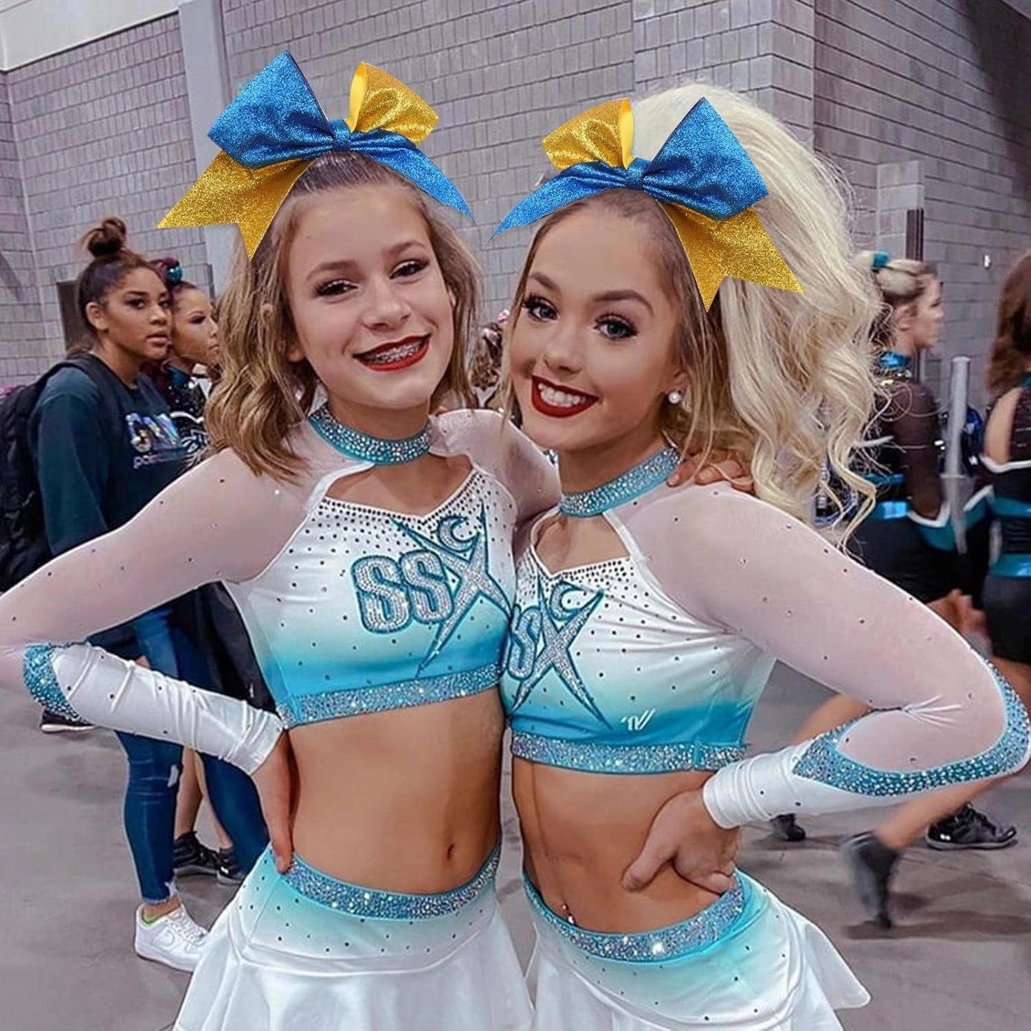 Oaoleer Glitter Hair Bows for Girls - Large Sparkly Ponytail Holders with Elastic Band for Cheerleading and Team Sports, Blue and Gold (12PCS, 7")