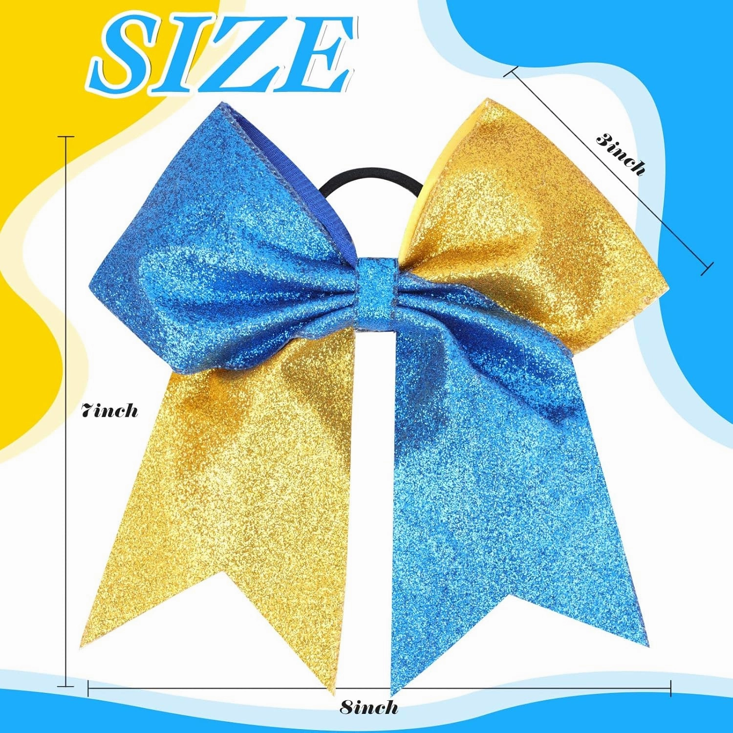 Oaoleer Glitter Hair Bows for Girls - Large Sparkly Ponytail Holders with Elastic Band for Cheerleading and Team Sports, Blue and Gold (12PCS, 7")