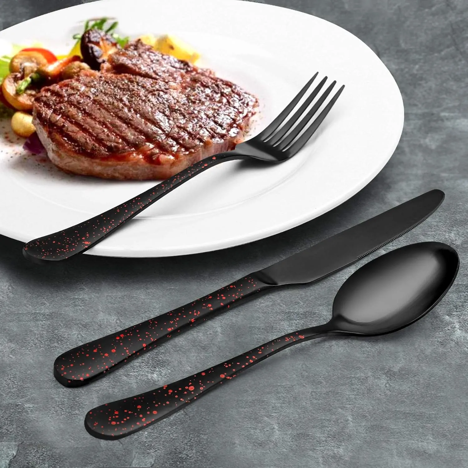 O.C.E. Matte Black Silverware Set, Stainless Steel Flatware Set, 20-Piece Tableware Cutlery Set Service for 4, Satin Finish Tableware Utensils Set, Dishwasher Safe (Starry Red)