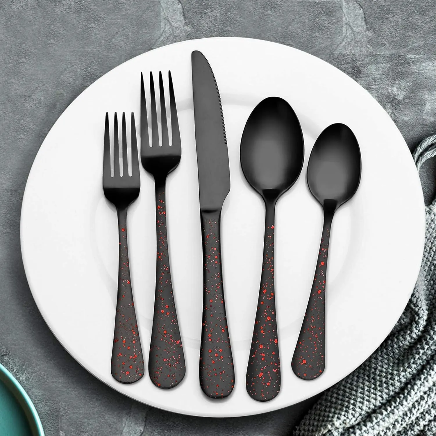 O.C.E. Matte Black Silverware Set, Stainless Steel Flatware Set, 20-Piece Tableware Cutlery Set Service for 4, Satin Finish Tableware Utensils Set, Dishwasher Safe (Starry Red)