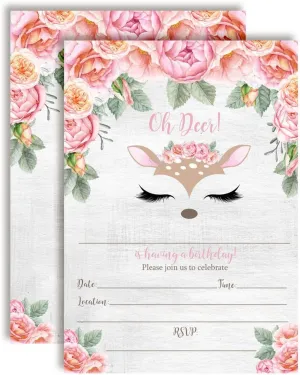 Oh Deer Woodland & Watercolor Floral Birthday Party Invitations for Girls 20 5x7 Fill In Cards with Twenty White Envelopes by AmandaCreation
