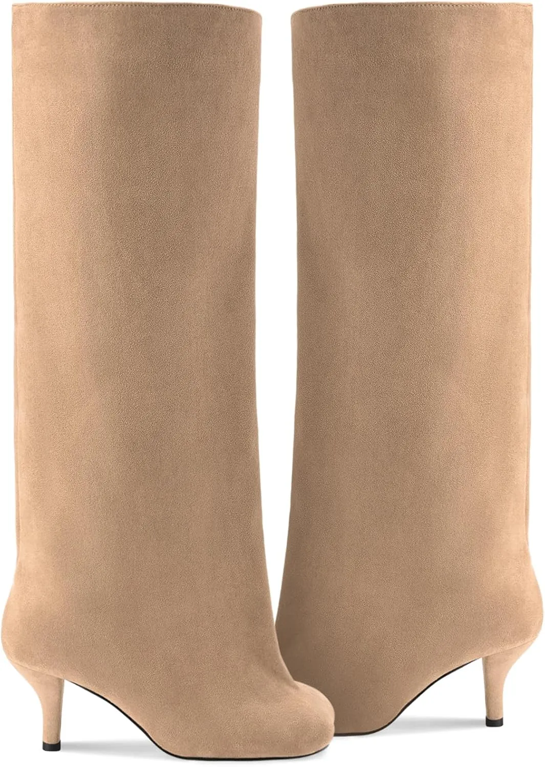 Oh Mispares Women's Nude Suede Knee High Boots - Square Toe Wide Calf Stiletto Low Heels - Fashionable Kitten Heel Pull-On Tall Winter Boots for Ladies