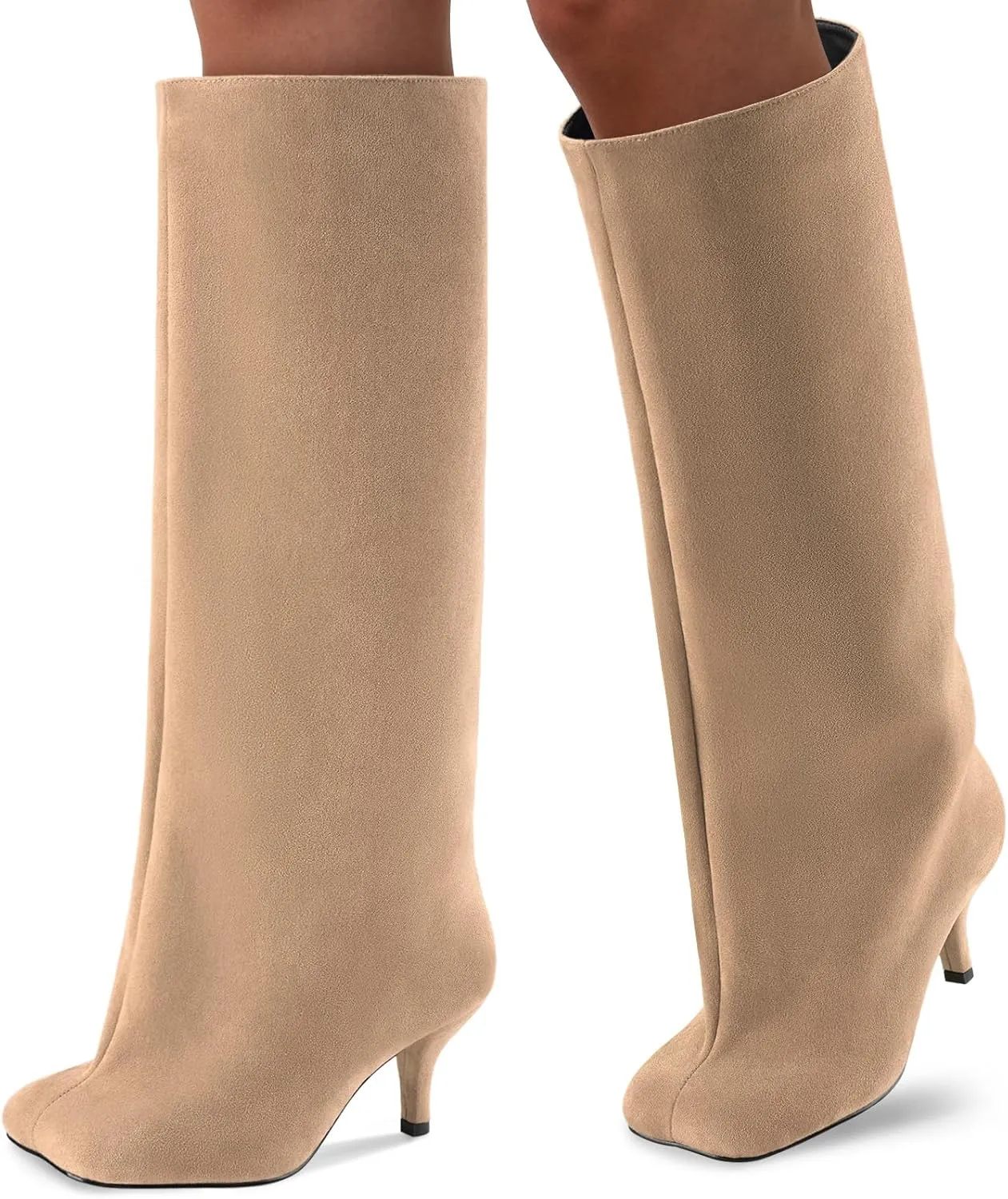 Oh Mispares Women's Nude Suede Knee High Boots - Square Toe Wide Calf Stiletto Low Heels - Fashionable Kitten Heel Pull-On Tall Winter Boots for Ladies