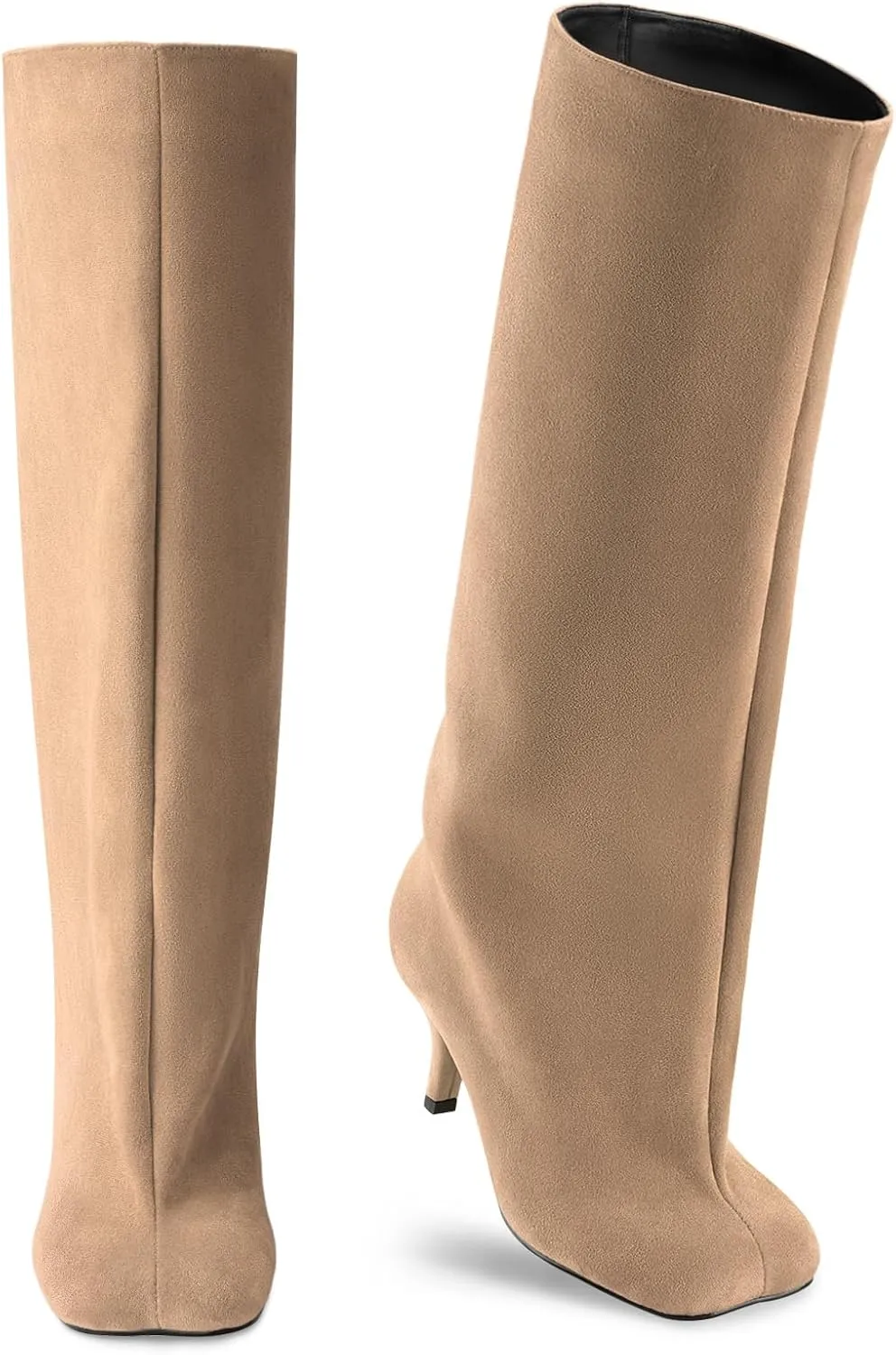 Oh Mispares Women's Nude Suede Knee High Boots - Square Toe Wide Calf Stiletto Low Heels - Fashionable Kitten Heel Pull-On Tall Winter Boots for Ladies