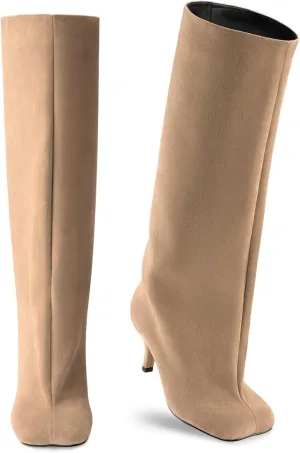 Oh Mispares Women's Nude Suede Knee High Boots - Square Toe Wide Calf Stiletto Low Heels - Fashionable Kitten Heel Pull-On Tall Winter Boots for Ladies