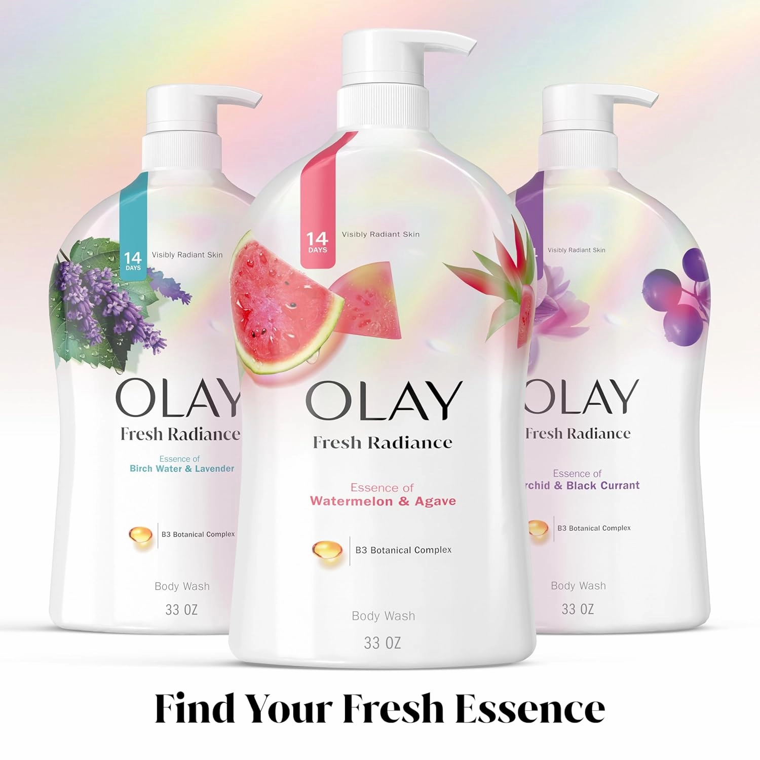 Olay Body Wash for Women, Fresh Radiance, Refreshing & Renewing, Made with Plant Based Cleansers, B3 Botanical Complex, For All Skin Types, Watermelon & Agave Scent, 33 fl oz (Pack of 4)