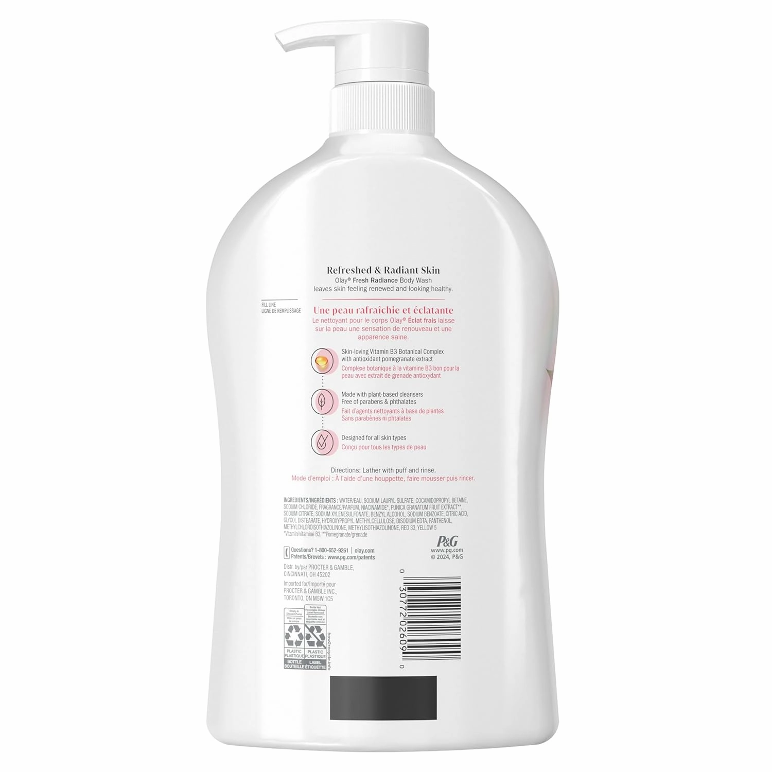 Olay Body Wash for Women, Fresh Radiance, Refreshing & Renewing, Made with Plant Based Cleansers, B3 Botanical Complex, For All Skin Types, Watermelon & Agave Scent, 33 fl oz (Pack of 4)