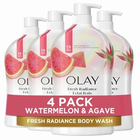 Olay Body Wash for Women, Fresh Radiance, Refreshing & Renewing, Made with Plant Based Cleansers, B3 Botanical Complex, For All Skin Types, Watermelon & Agave Scent, 33 fl oz (Pack of 4)