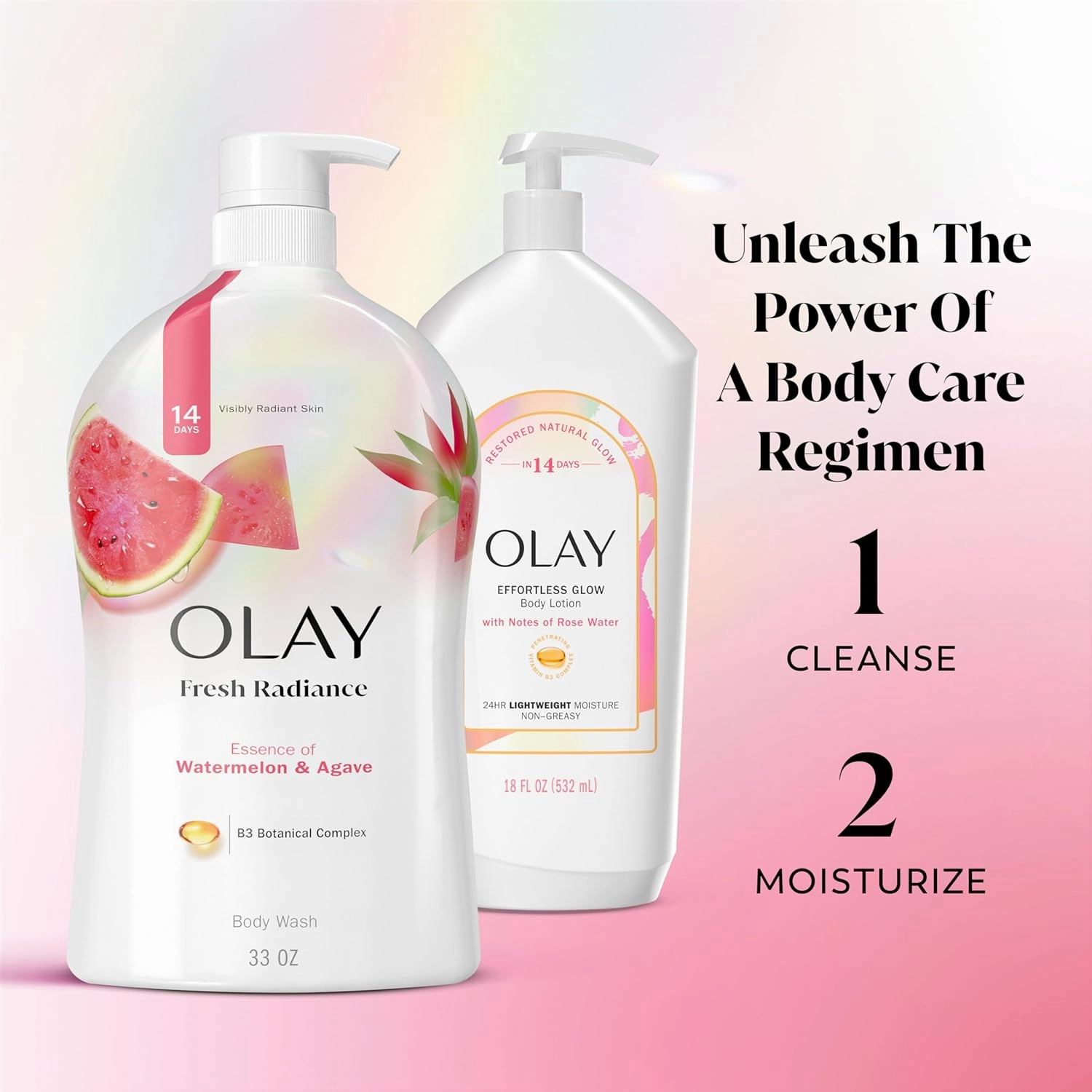 Olay Body Wash for Women, Fresh Radiance, Refreshing & Renewing, Made with Plant Based Cleansers, B3 Botanical Complex, For All Skin Types, Watermelon & Agave Scent, 33 fl oz (Pack of 4)