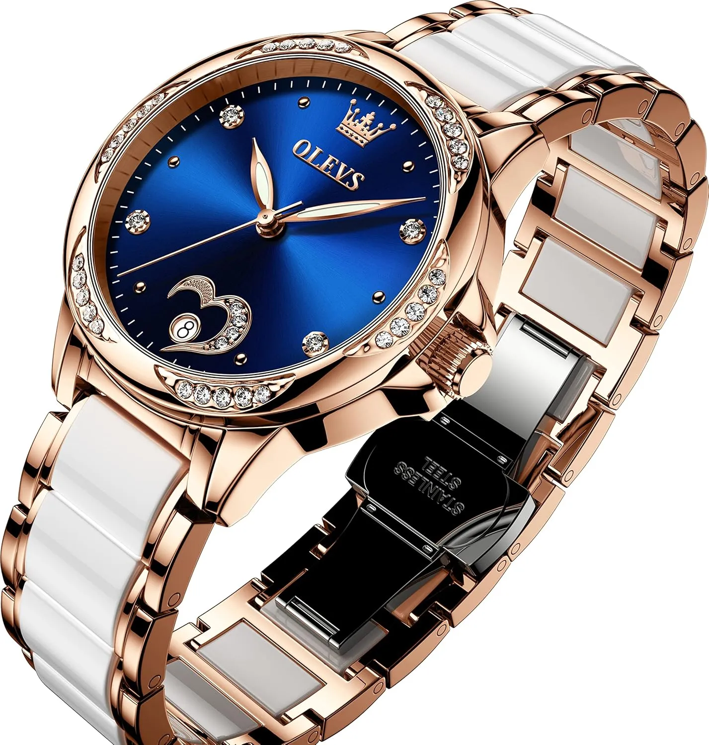 OLEVS Automatic Watch for Women Self Winding Ladies Diamond Wrist Watch Luxury Dress Rose Gold Ceramic Watch for Women Love Heart Date
