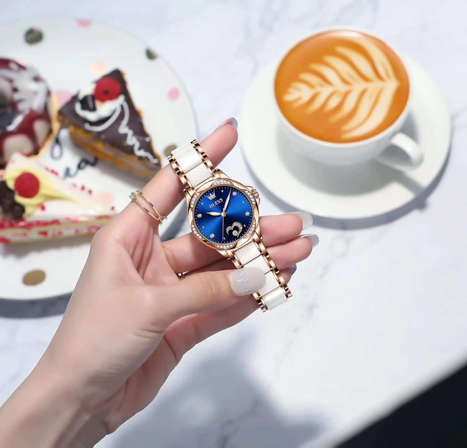 OLEVS Automatic Watch for Women Self Winding Ladies Diamond Wrist Watch Luxury Dress Rose Gold Ceramic Watch for Women Love Heart Date