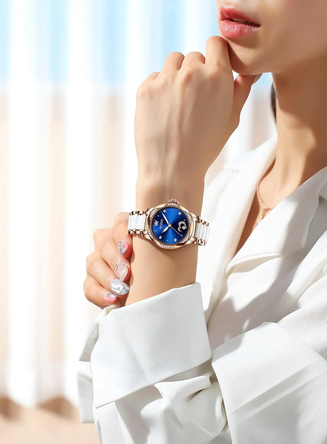 OLEVS Automatic Watch for Women Self Winding Ladies Diamond Wrist Watch Luxury Dress Rose Gold Ceramic Watch for Women Love Heart Date