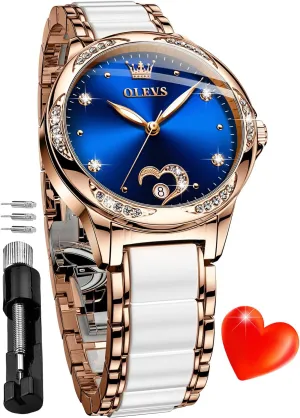 OLEVS Automatic Watch for Women Self Winding Ladies Diamond Wrist Watch Luxury Dress Rose Gold Ceramic Watch for Women Love Heart Date