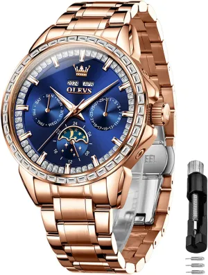 OLEVS Mens Automatic Watch 42MM Diamond Large Dial with Multi-Function Perpetual Calendar Tourbillon Mechanical Winding Watch Stainless Steel 30M Waterproof Luminous Rose Gold Blue Watches Gift