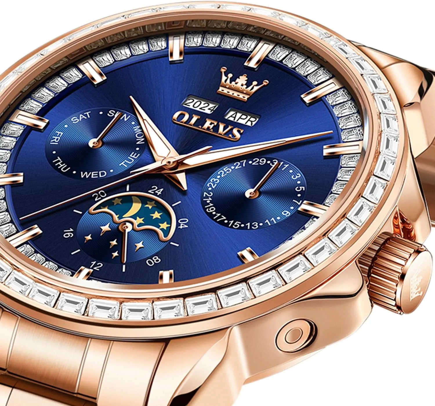 OLEVS Mens Automatic Watch 42MM Diamond Large Dial with Multi-Function Perpetual Calendar Tourbillon Mechanical Winding Watch Stainless Steel 30M Waterproof Luminous Rose Gold Blue Watches Gift