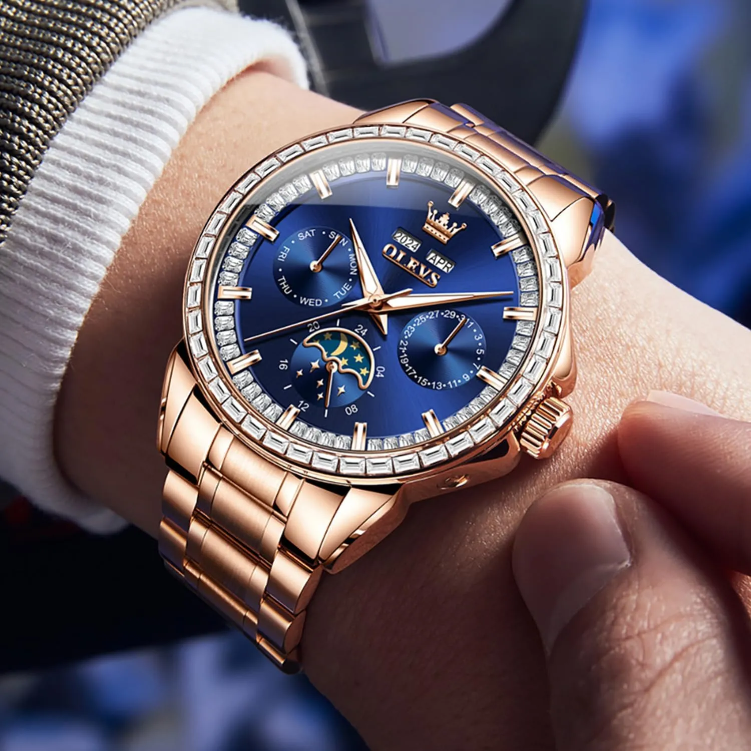OLEVS Mens Automatic Watch 42MM Diamond Large Dial with Multi-Function Perpetual Calendar Tourbillon Mechanical Winding Watch Stainless Steel 30M Waterproof Luminous Rose Gold Blue Watches Gift