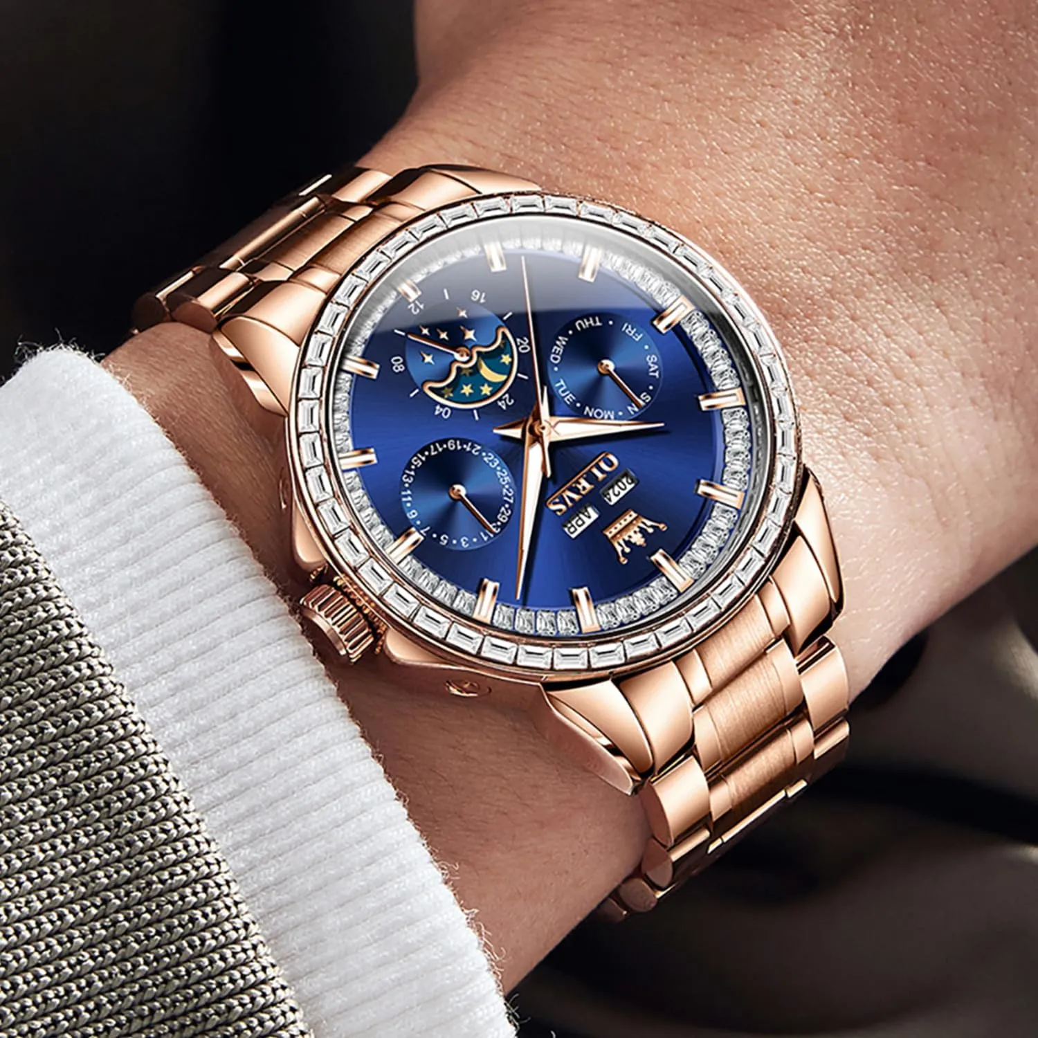 OLEVS Mens Automatic Watch 42MM Diamond Large Dial with Multi-Function Perpetual Calendar Tourbillon Mechanical Winding Watch Stainless Steel 30M Waterproof Luminous Rose Gold Blue Watches Gift