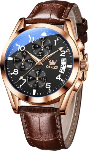 OLEVS Men's Casual Leather Watch, Big Face Chronograph Watch for Men, Fashion Easy to Read Dress Watch, Men's Waterproof Luminous Date Analog Watch, Gold/Black/White/Blue Dial