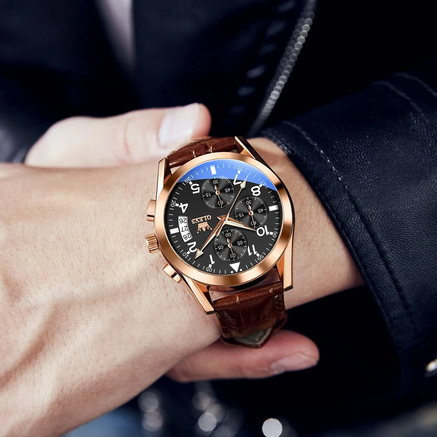 OLEVS Men's Casual Leather Watch, Big Face Chronograph Watch for Men, Fashion Easy to Read Dress Watch, Men's Waterproof Luminous Date Analog Watch, Gold/Black/White/Blue Dial