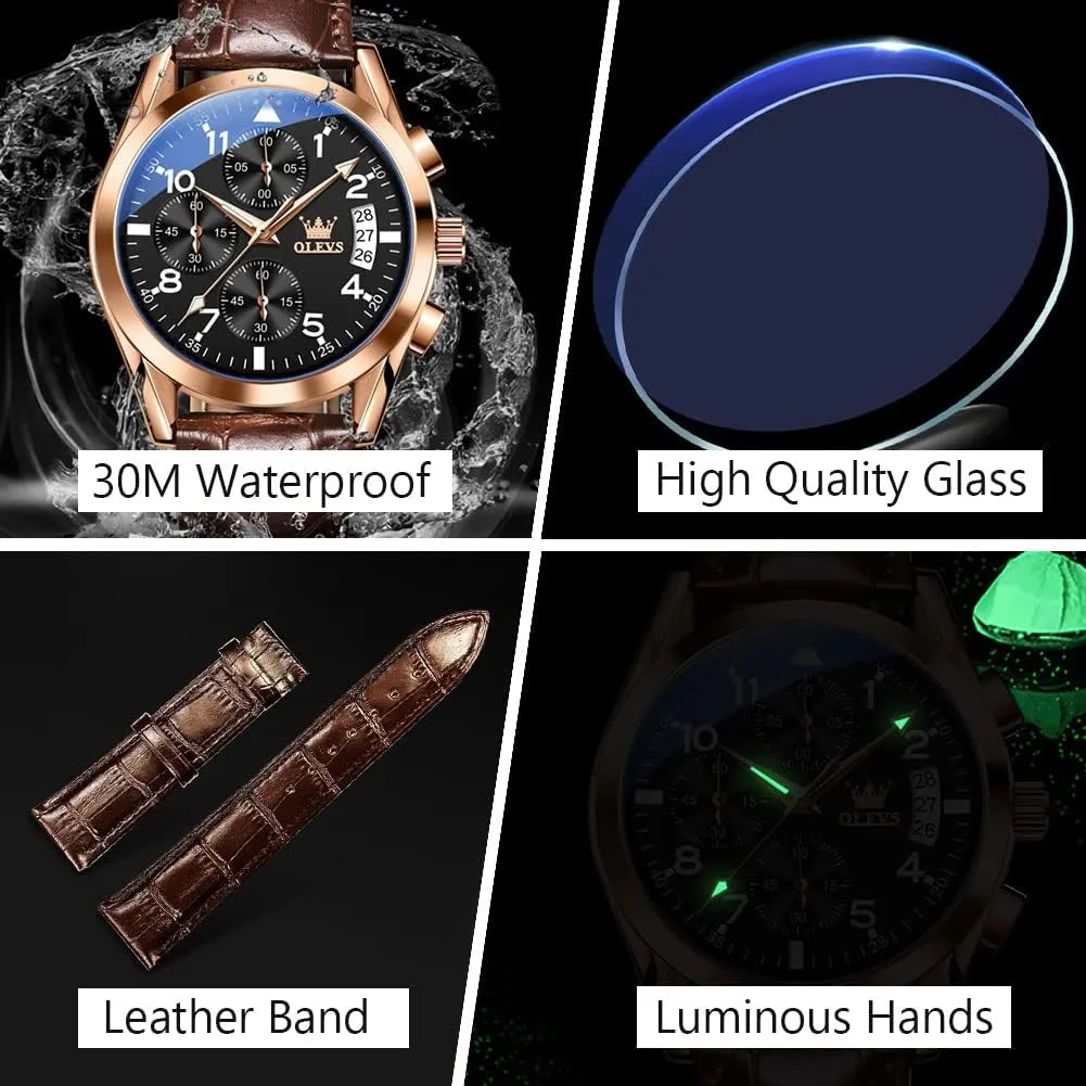 OLEVS Men's Casual Leather Watch, Big Face Chronograph Watch for Men, Fashion Easy to Read Dress Watch, Men's Waterproof Luminous Date Analog Watch, Gold/Black/White/Blue Dial