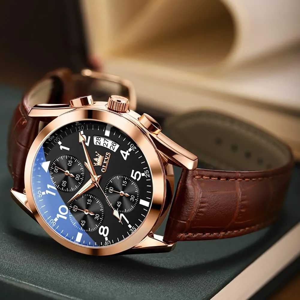 OLEVS Men's Casual Leather Watch, Big Face Chronograph Watch for Men, Fashion Easy to Read Dress Watch, Men's Waterproof Luminous Date Analog Watch, Gold/Black/White/Blue Dial