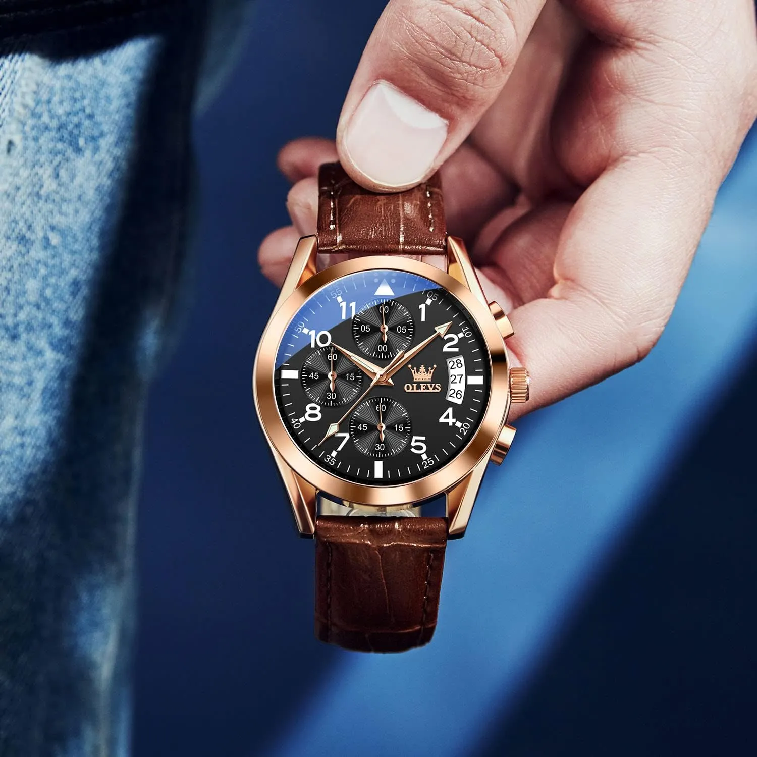 OLEVS Men's Casual Leather Watch, Big Face Chronograph Watch for Men, Fashion Easy to Read Dress Watch, Men's Waterproof Luminous Date Analog Watch, Gold/Black/White/Blue Dial
