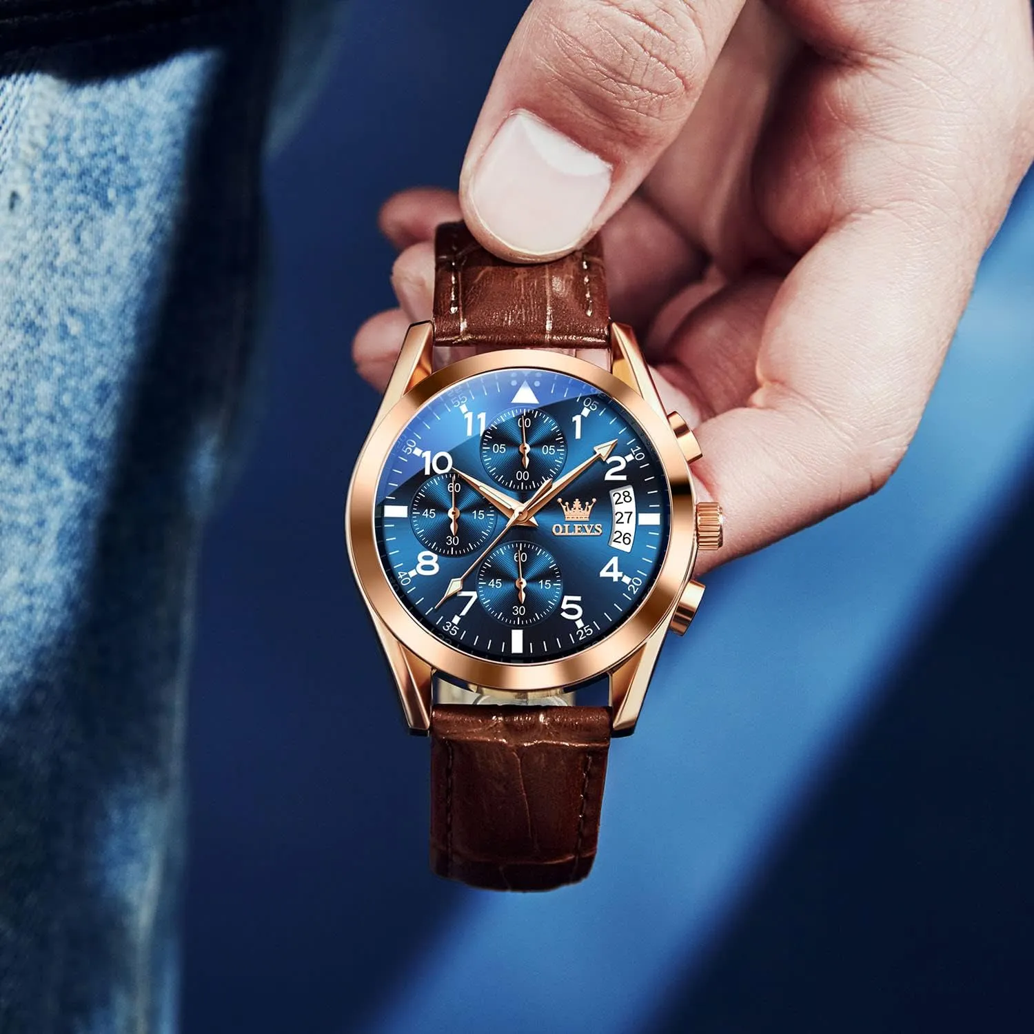 OLEVS Men's Casual Leather Watch, Big Face Chronograph Watch for Men, Fashion Easy to Read Dress Watch, Men's Waterproof Luminous Date Analog Watch, Gold/Black/White/Blue Dial