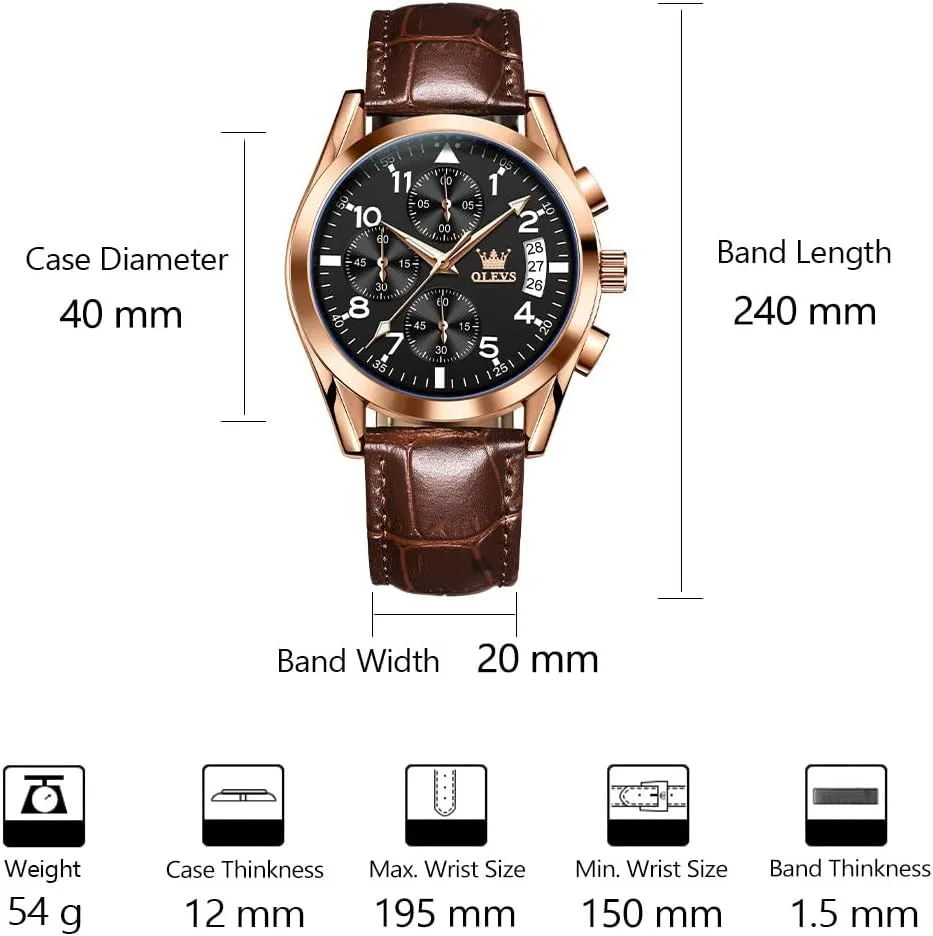 OLEVS Men's Casual Leather Watch, Big Face Chronograph Watch for Men, Fashion Easy to Read Dress Watch, Men's Waterproof Luminous Date Analog Watch, Gold/Black/White/Blue Dial