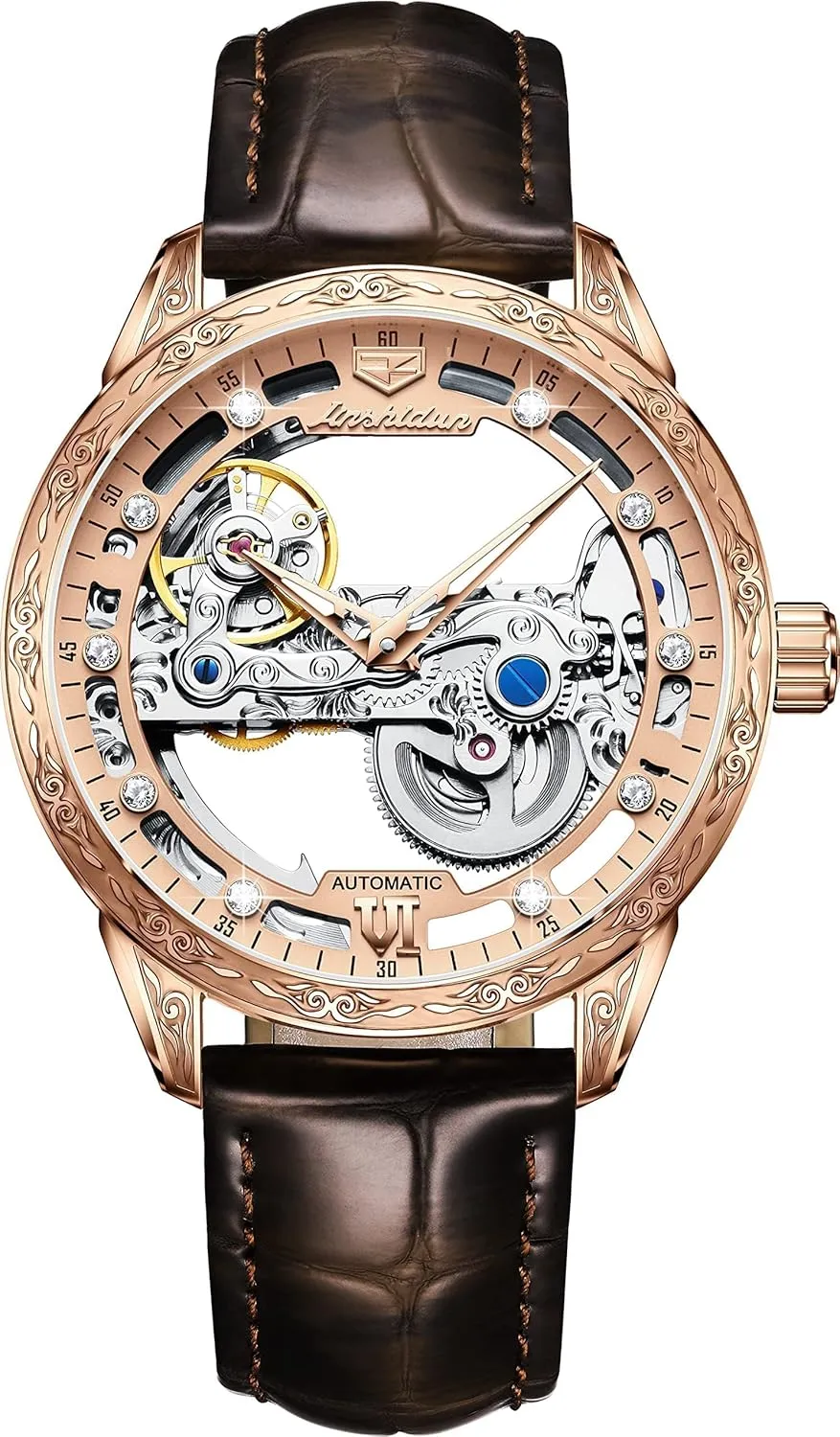 OLEVS Men's Skeleton Mechanical Dress Watch Automatic Self Winding Waterproof Luminous Luxury Leather Wrist Watches
