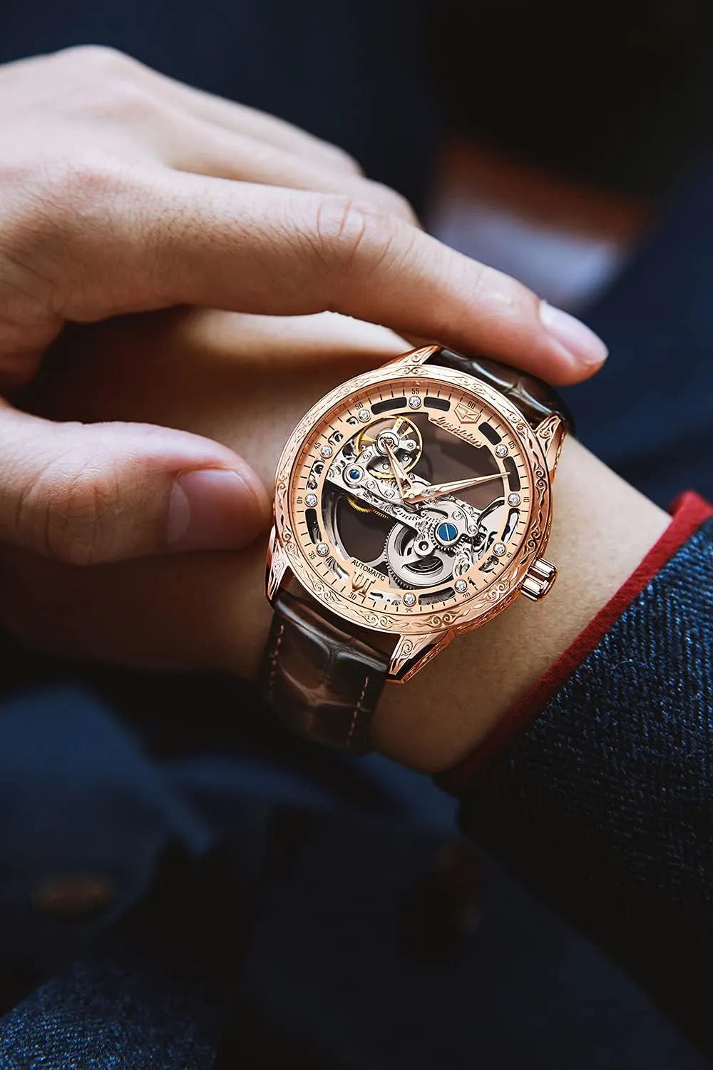 OLEVS Men's Skeleton Mechanical Dress Watch Automatic Self Winding Waterproof Luminous Luxury Leather Wrist Watches